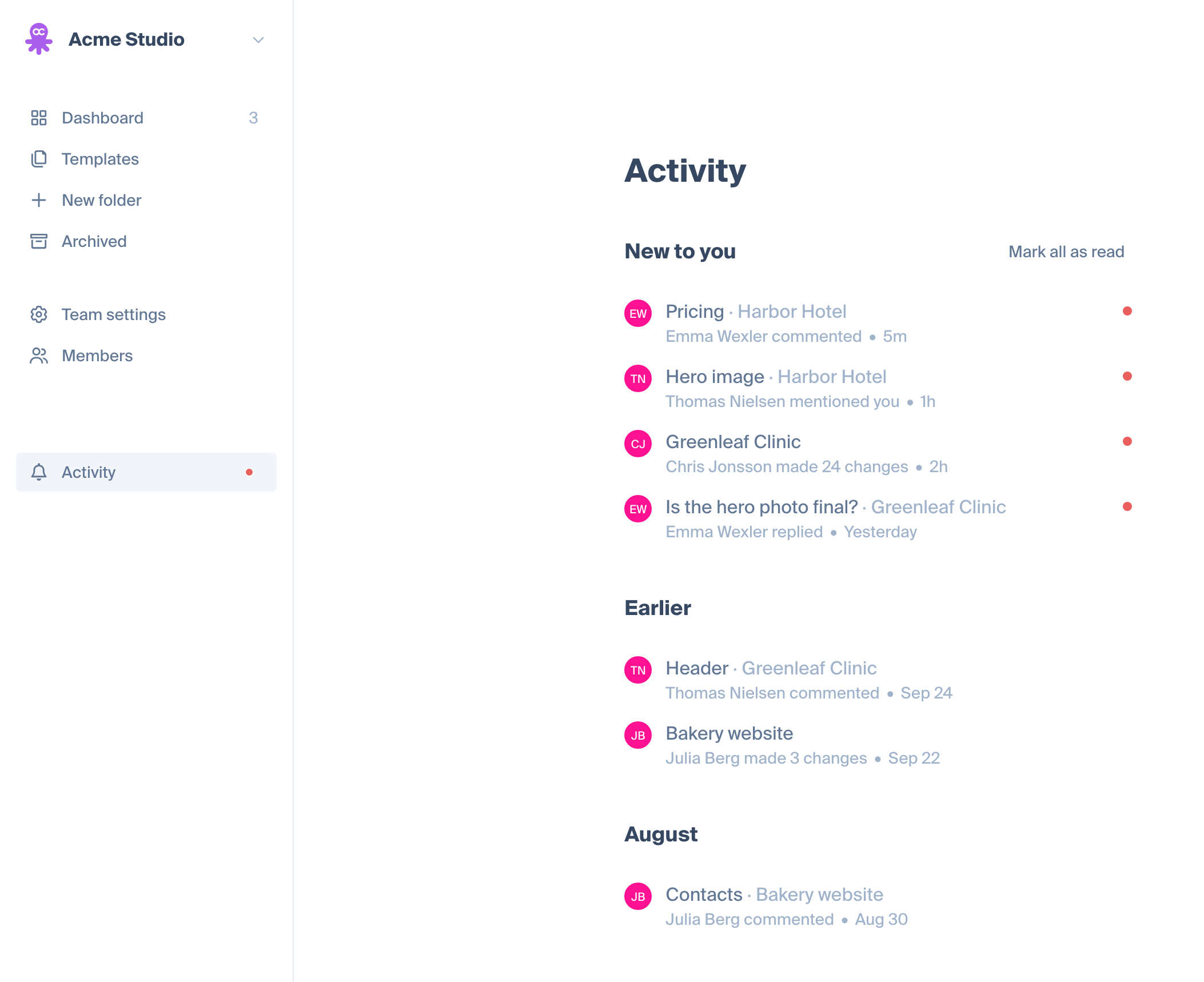 Activity in a team workspace: four unread rows under New to you, read rows under Earlier, and an older month below
