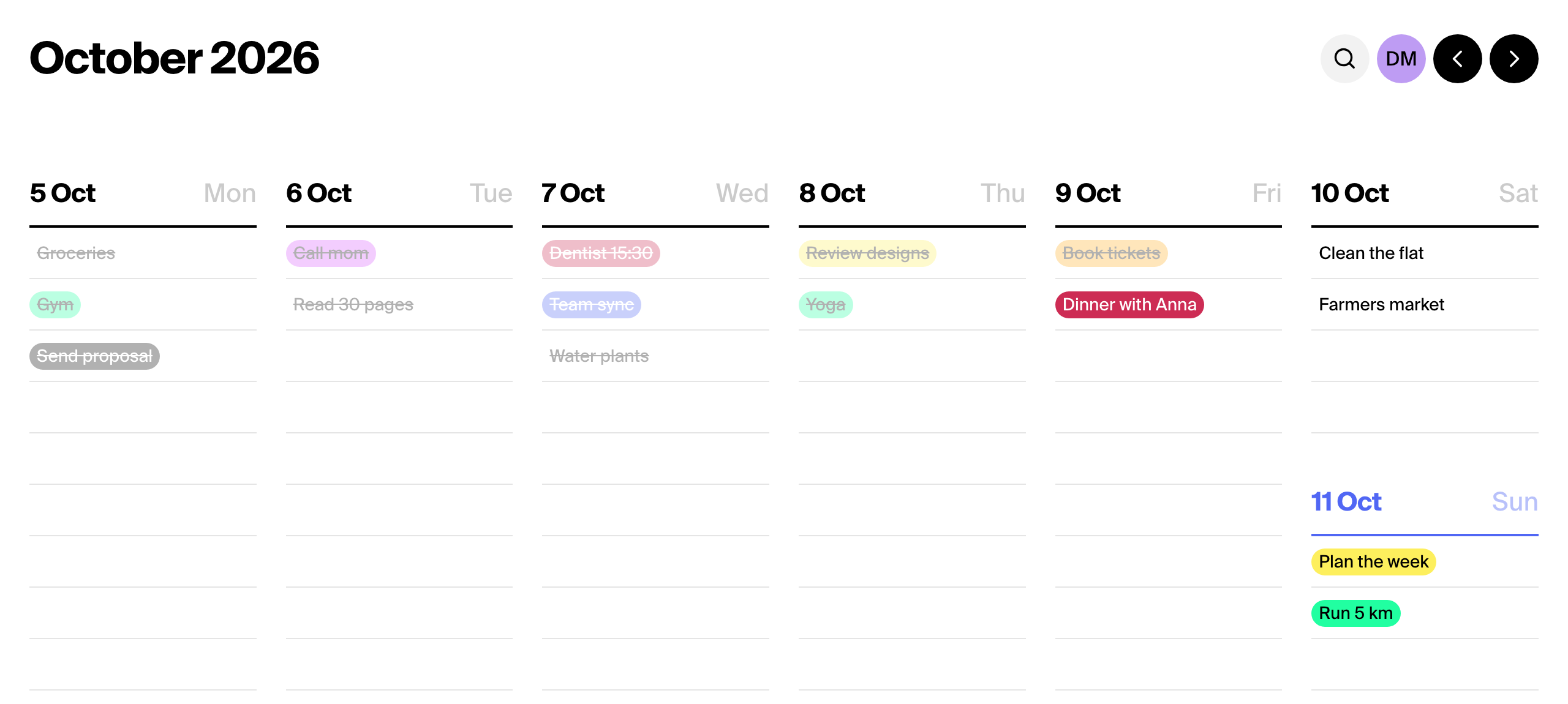 The month and year in the upper left corner of the week