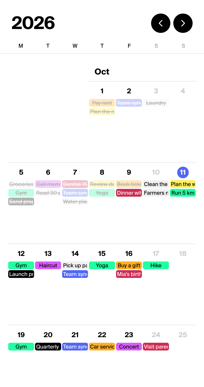 The monthly view with the tasks of every day