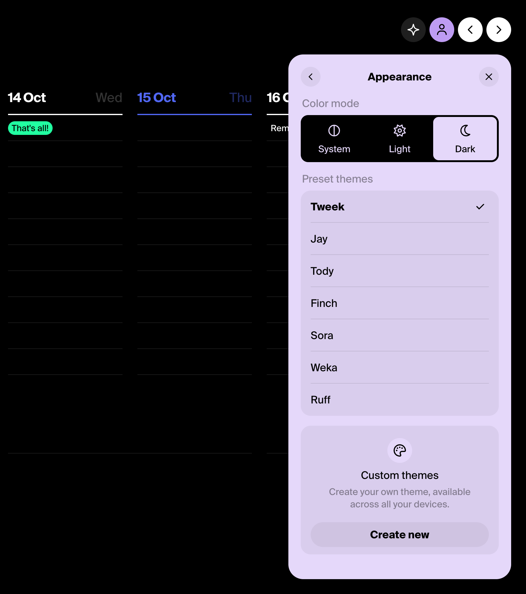 Settings → Appearance with the Color mode switch set to Dark