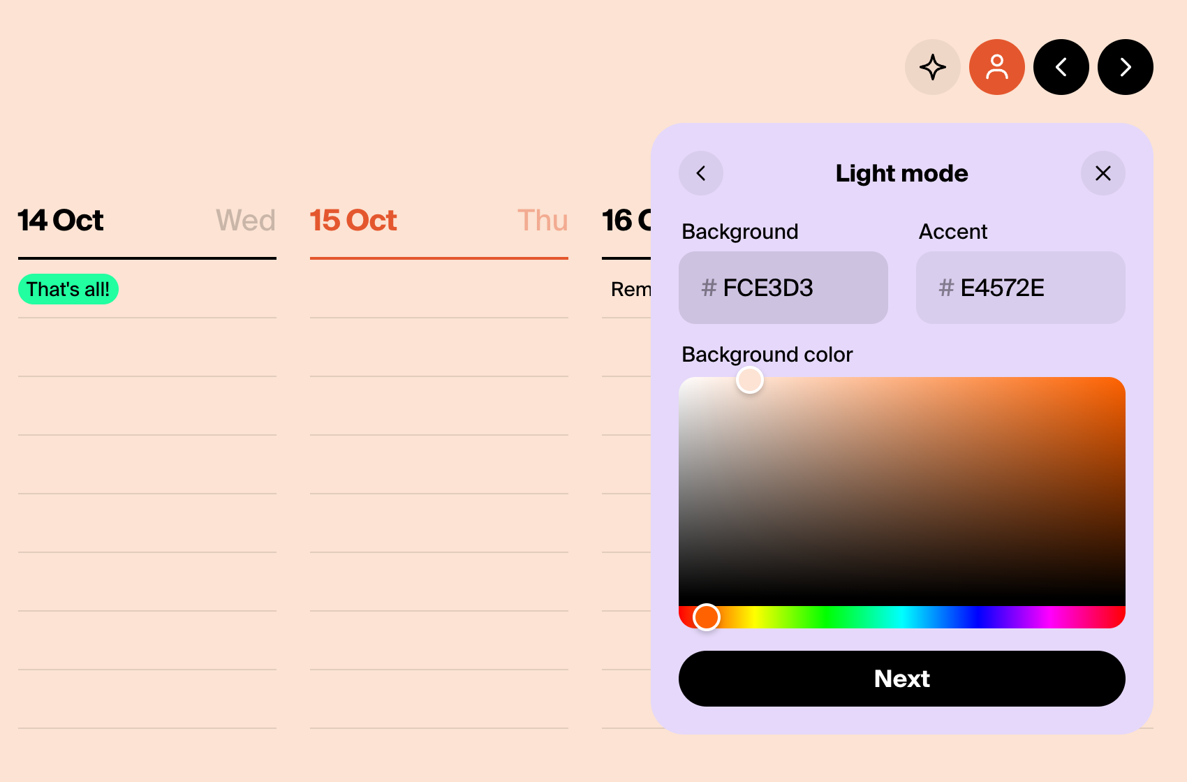 The custom theme editor with background and accent colors