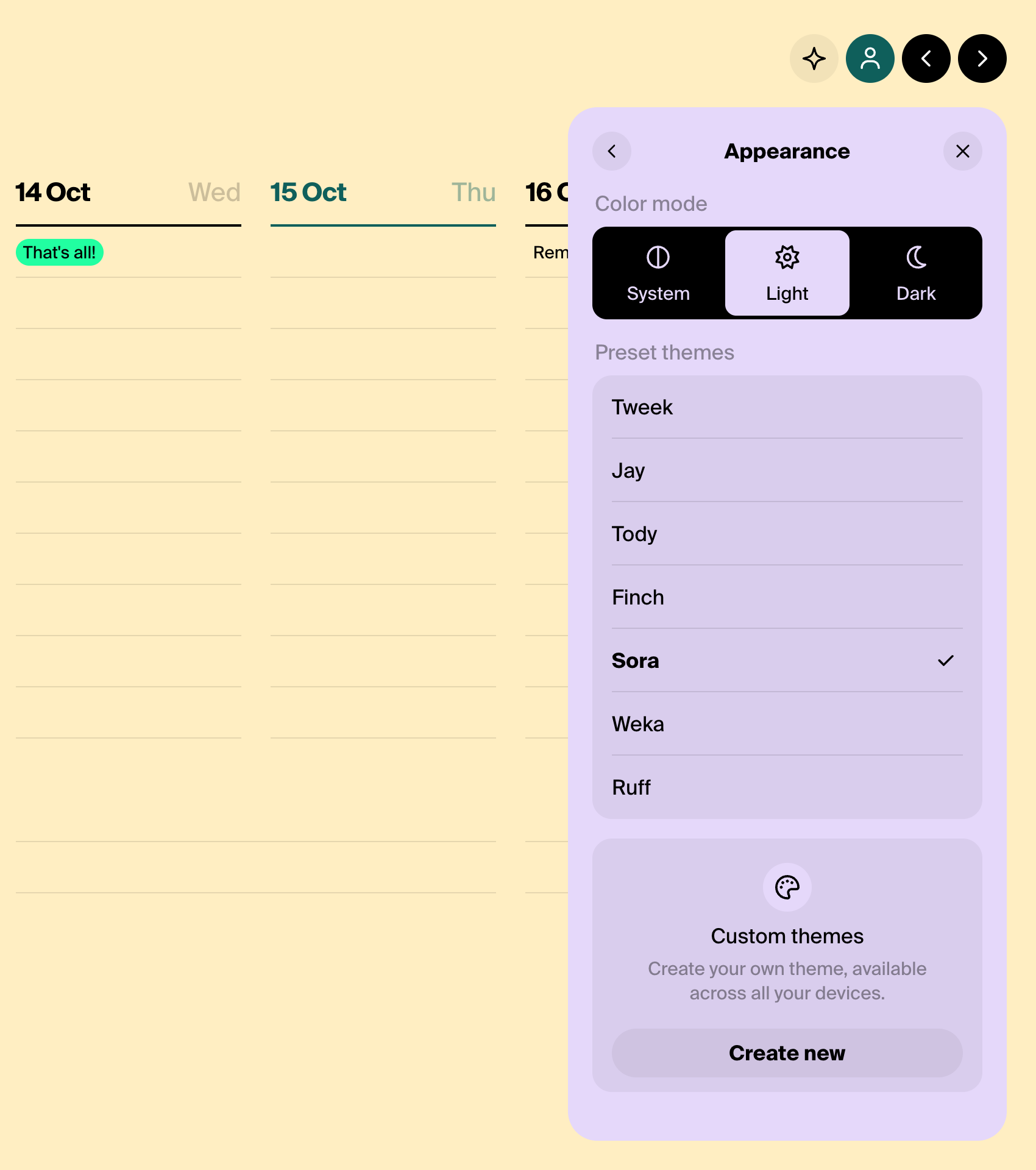 Settings → Appearance with the Sora preset theme selected