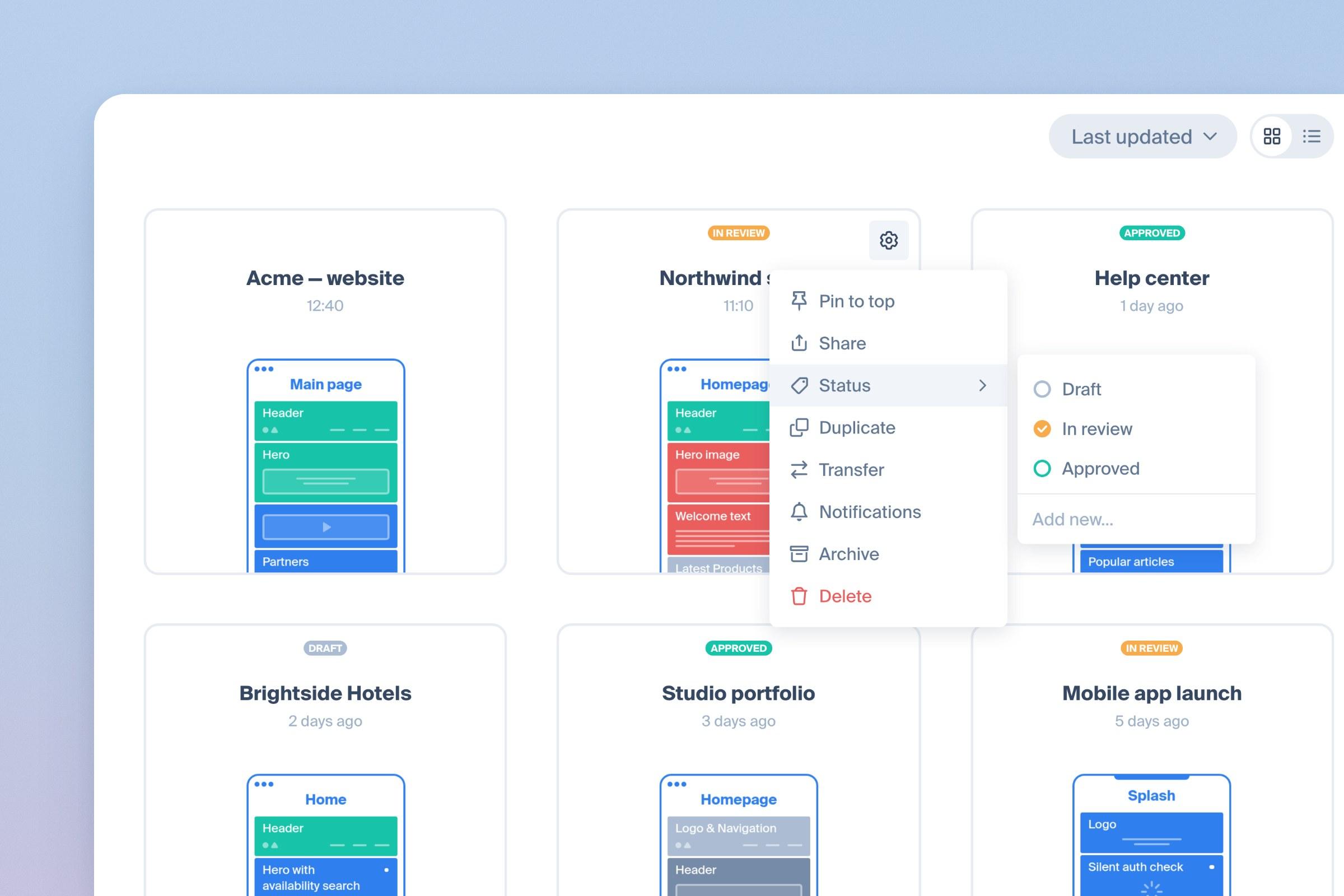 Dashboard with a project card menu open on Status: Draft, In review and Approved