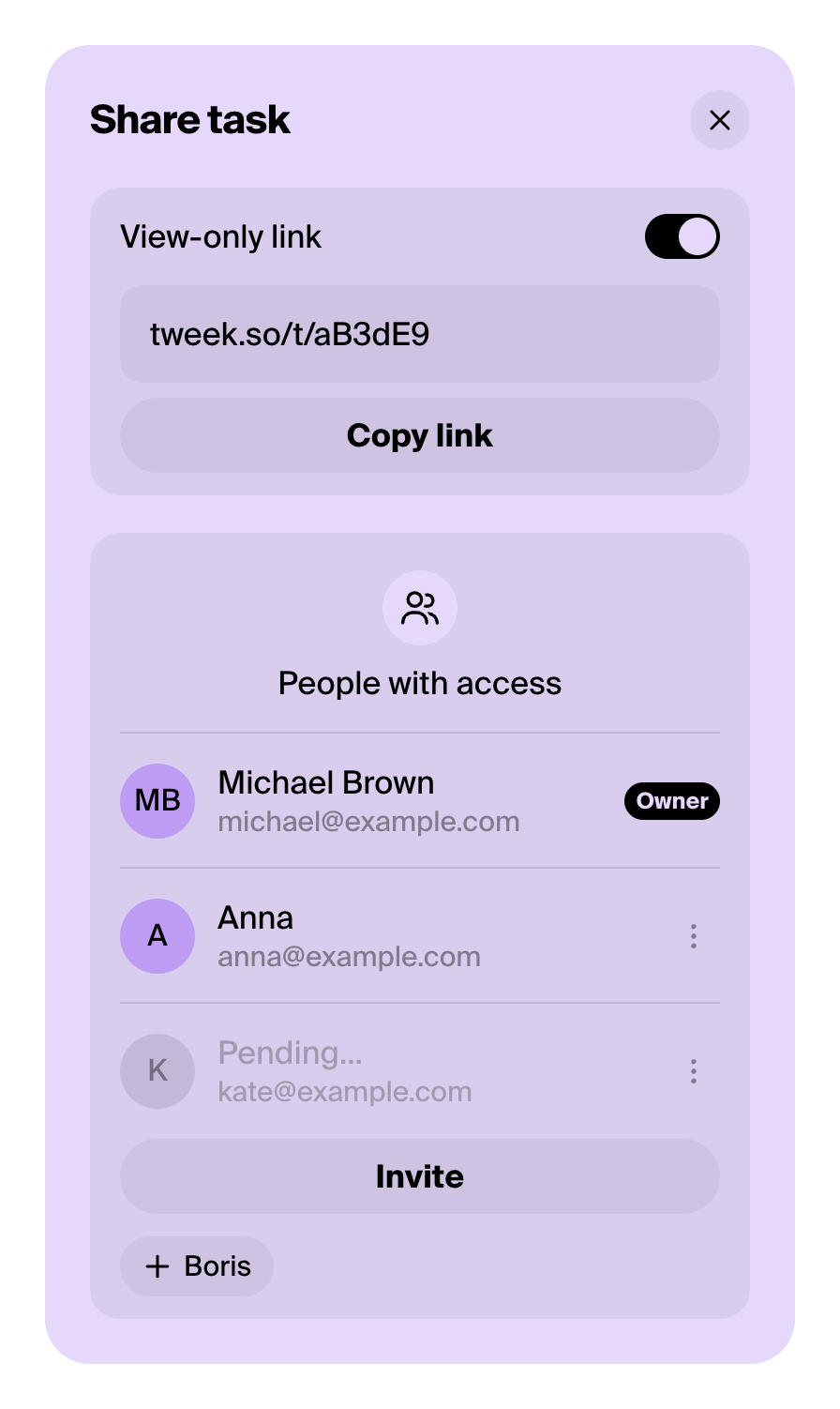 Share task: the view-only link, People with access with the owner, a member and a pending invite, and Invite