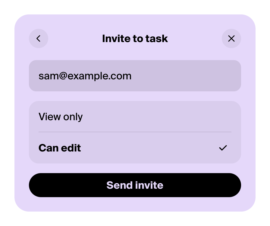 Invite to task: an email, View only or Can edit, and Send invite