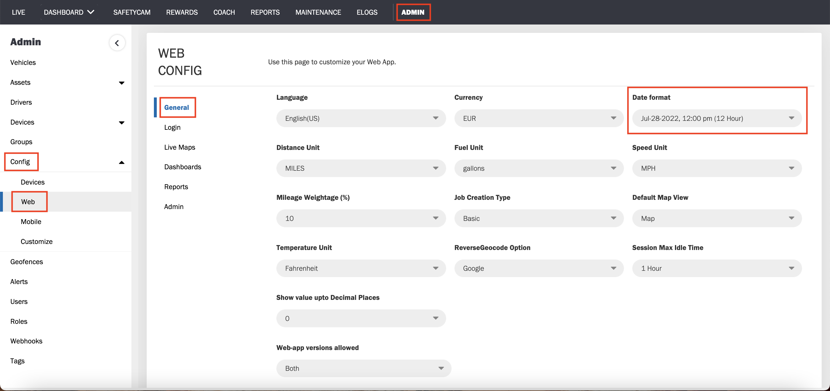 How Do I Change The Date Format On The Web Application Azuga 