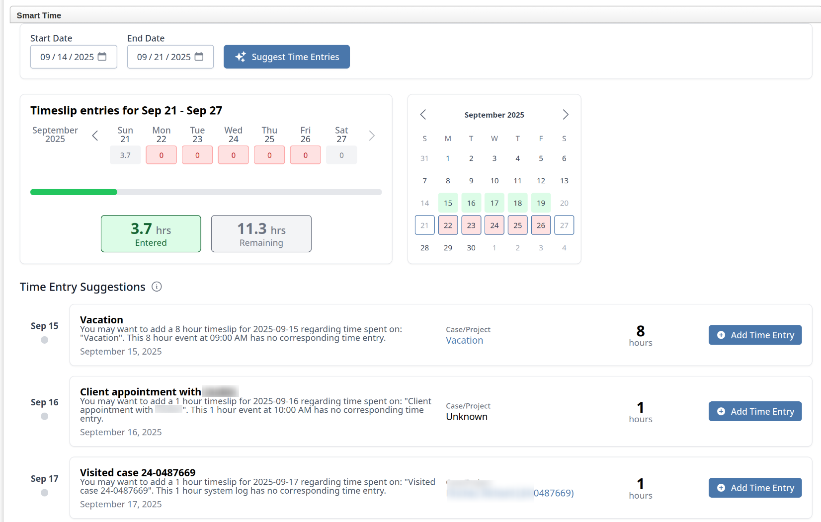 Screenshot of the Smart Time interface for a fictitious site.