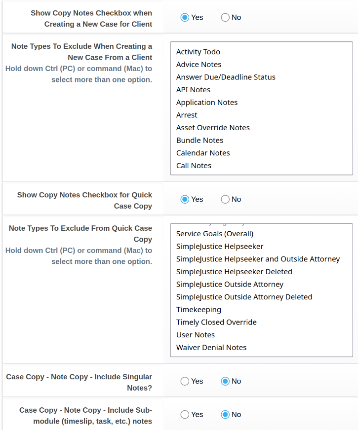Screenshot showing several options related to whether case notes can be copied when creating a new case