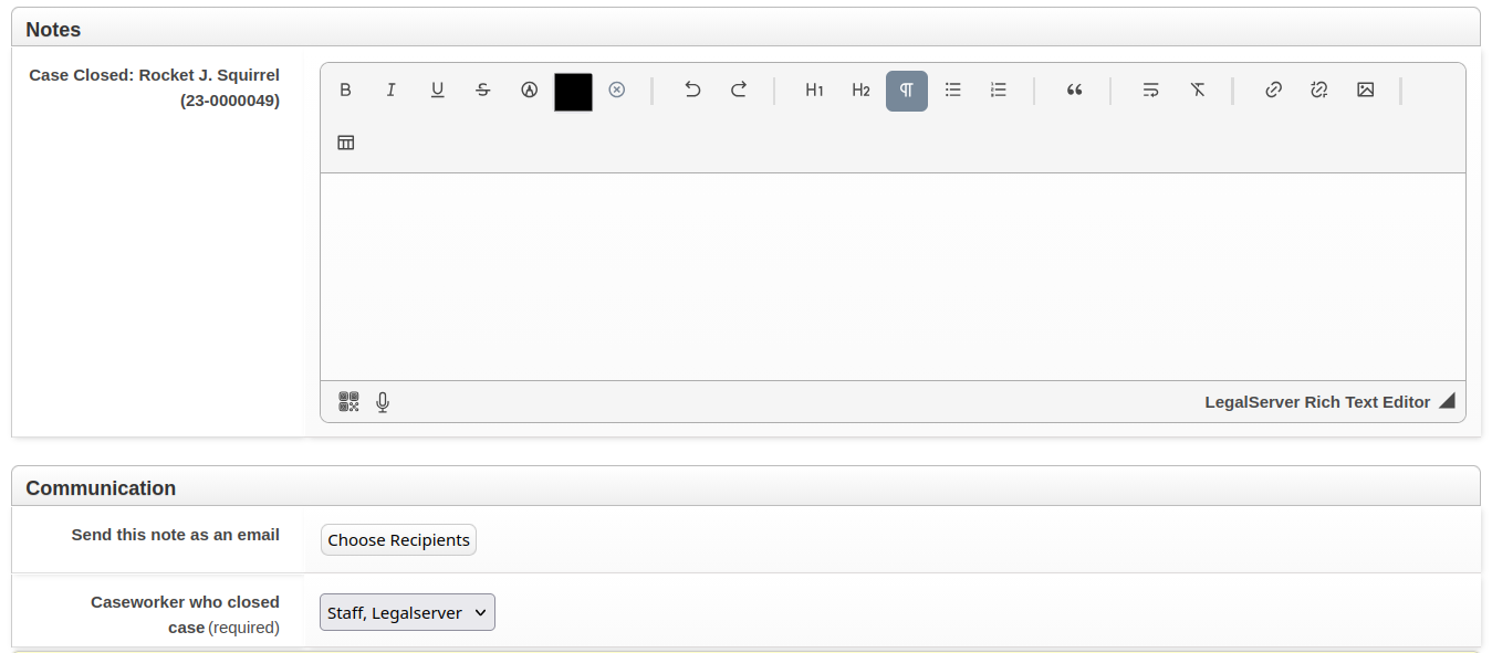 Screenshot of the elements the Case Close Notes block displays on a form