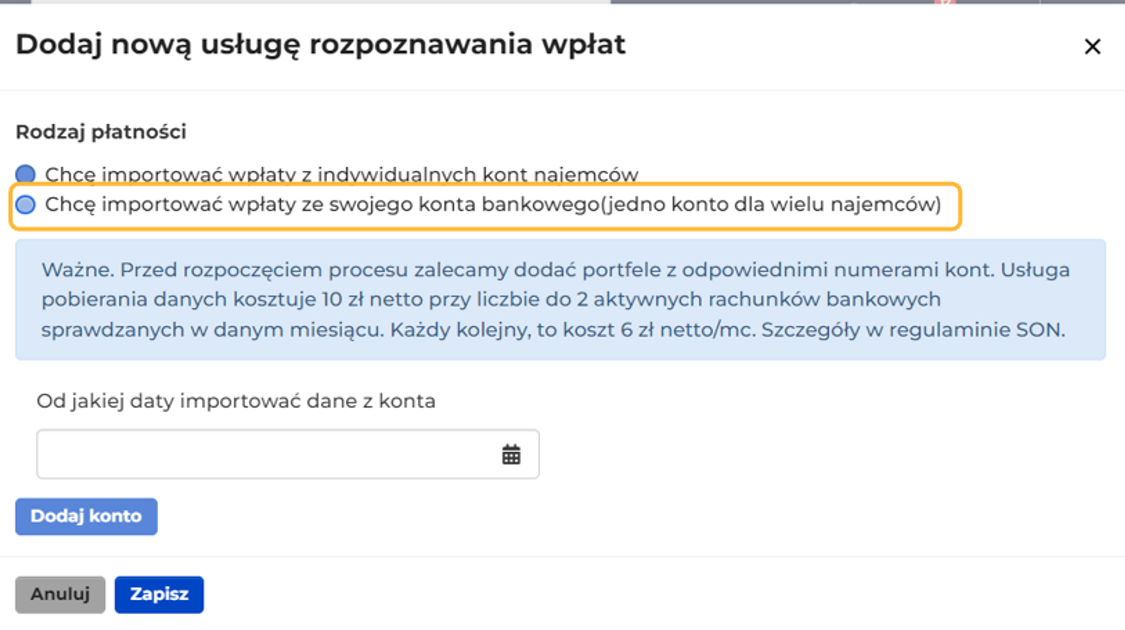 Okno Dodaj nową usługę rozpoznawania wpłat z zaznaczoną opcją importu ze swojego konta bankowego