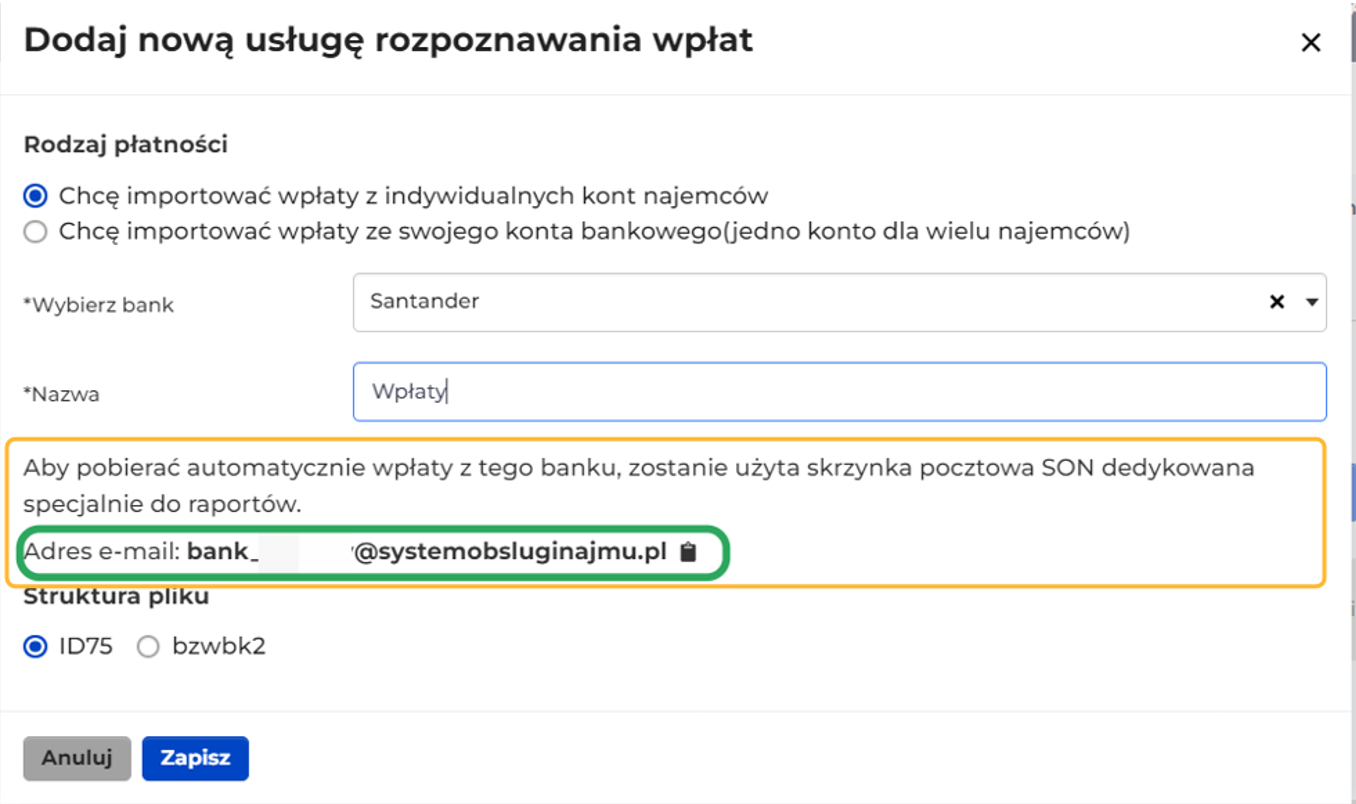 Okno Dodaj nową usługę rozpoznawania wpłat z adresem skrzynki SON na raporty i sekcją Struktura pliku