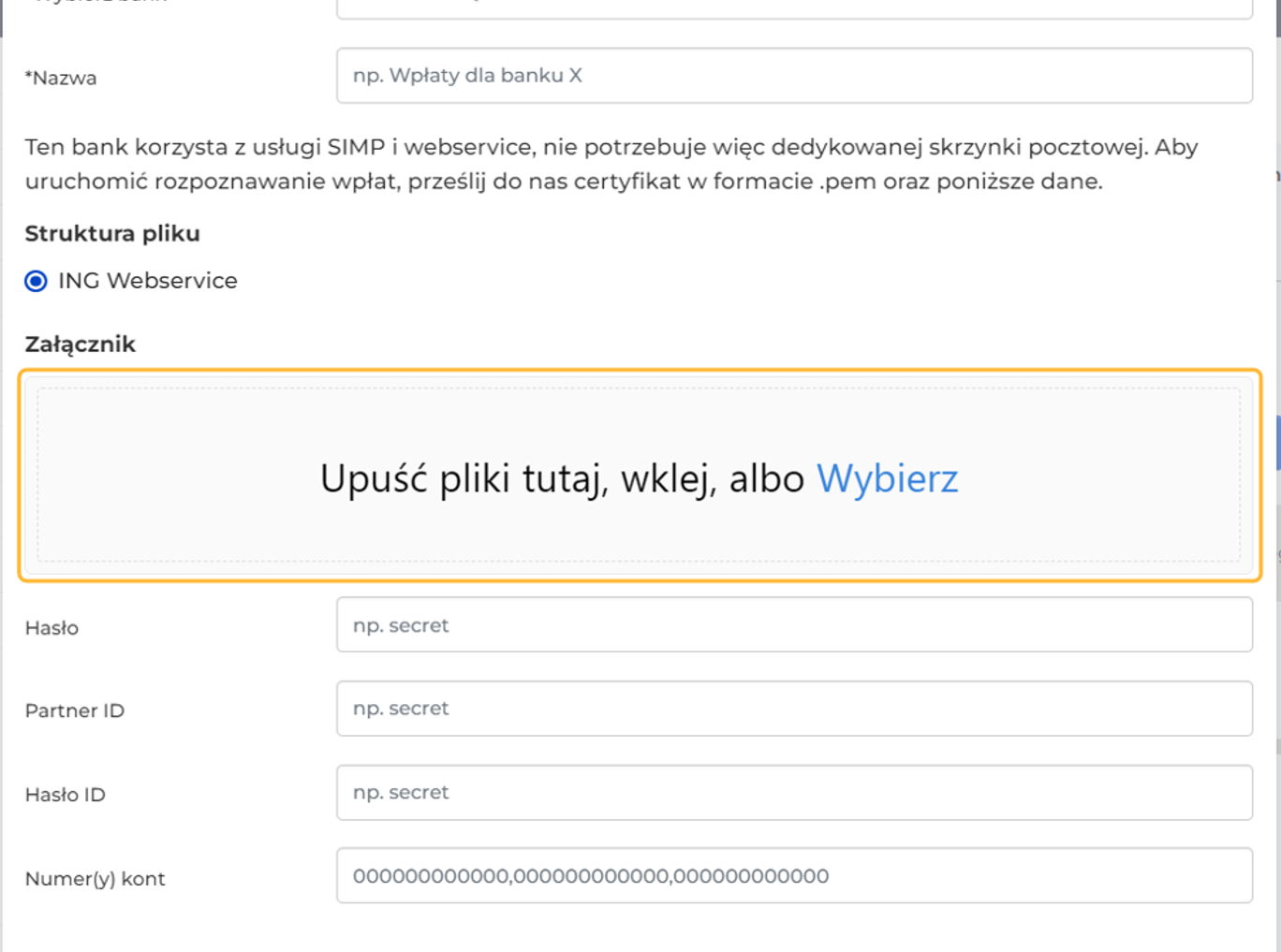 Okno usługi dla ING z polem Załącznik na certyfikat i polami danych z umowy z bankiem