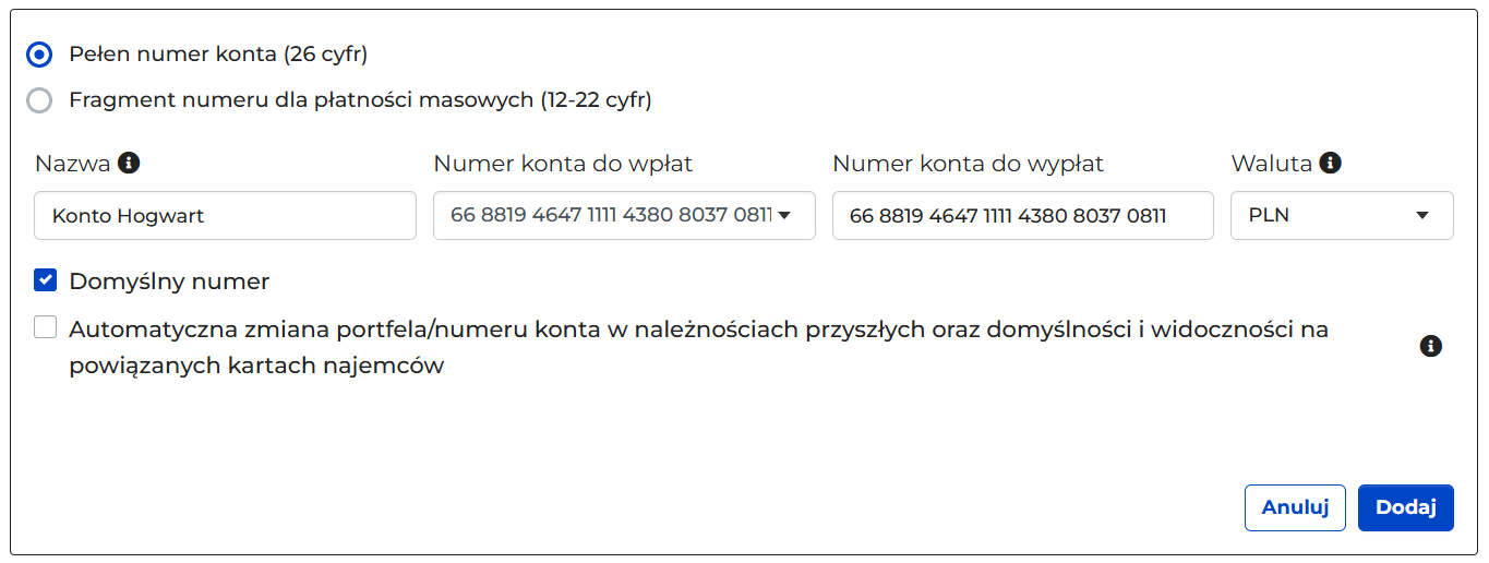 Formularz nowego numeru konta z przykładowymi danymi: nazwa Konto Hogwart, waluta PLN, zaznaczone pole Domyślny numer i widoczne pole automatycznej zmiany portfela