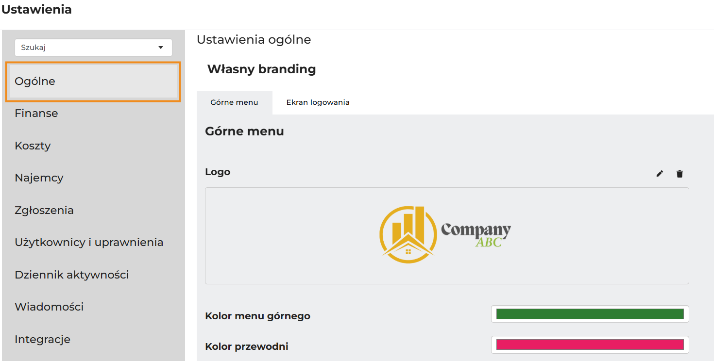 Okno Ustawienia, pozycja Ogólne, sekcja Własny branding, zakładka Górne menu: pole Logo z przykładowym logo Company ABC, pole Kolor menu górnego z kolorem zielonym i pole Kolor przewodni z kolorem różowym