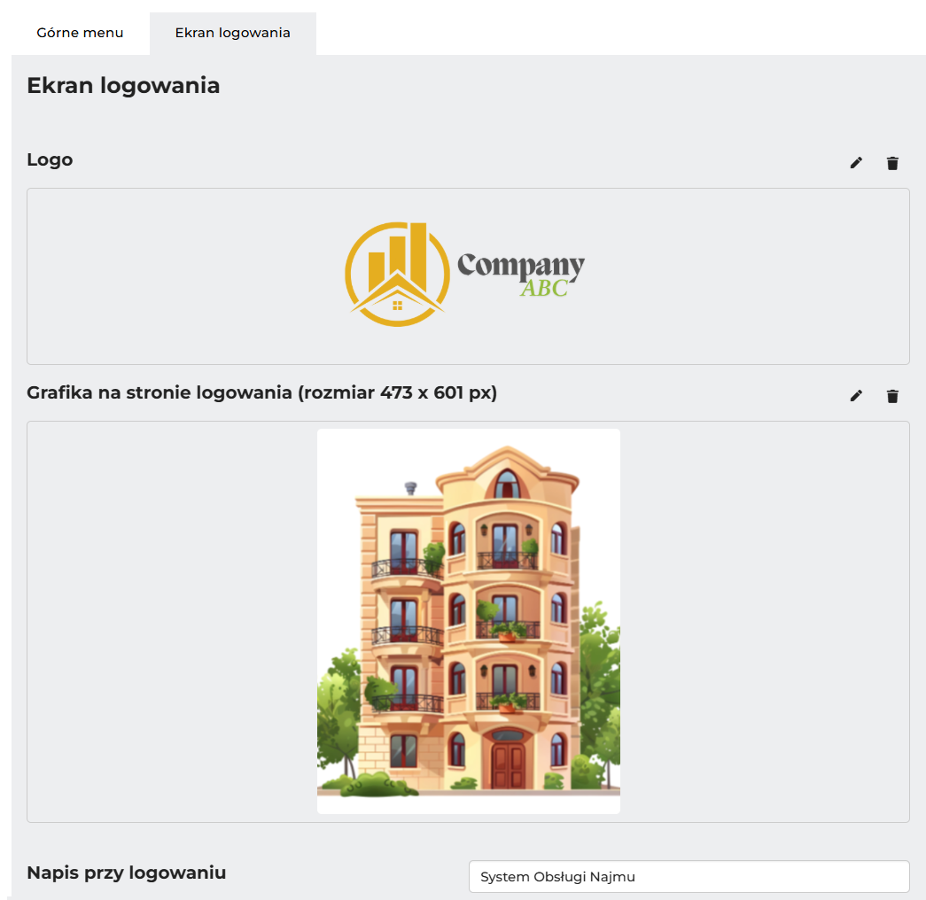 Zakładka Ekran logowania w sekcji Własny branding: pole Logo z przykładowym logo Company ABC, pole Grafika na stronie logowania (rozmiar 473 x 601 px) z ilustracją kamienicy i pole Napis przy logowaniu