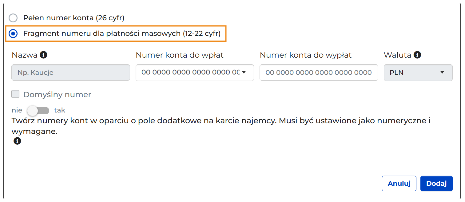 Formularz numeru konta z zaznaczoną opcją Fragment numeru dla płatności masowych (12-22 cyfr) oraz polami Nazwa, Numer konta do wpłat, Numer konta do wypłat i Waluta