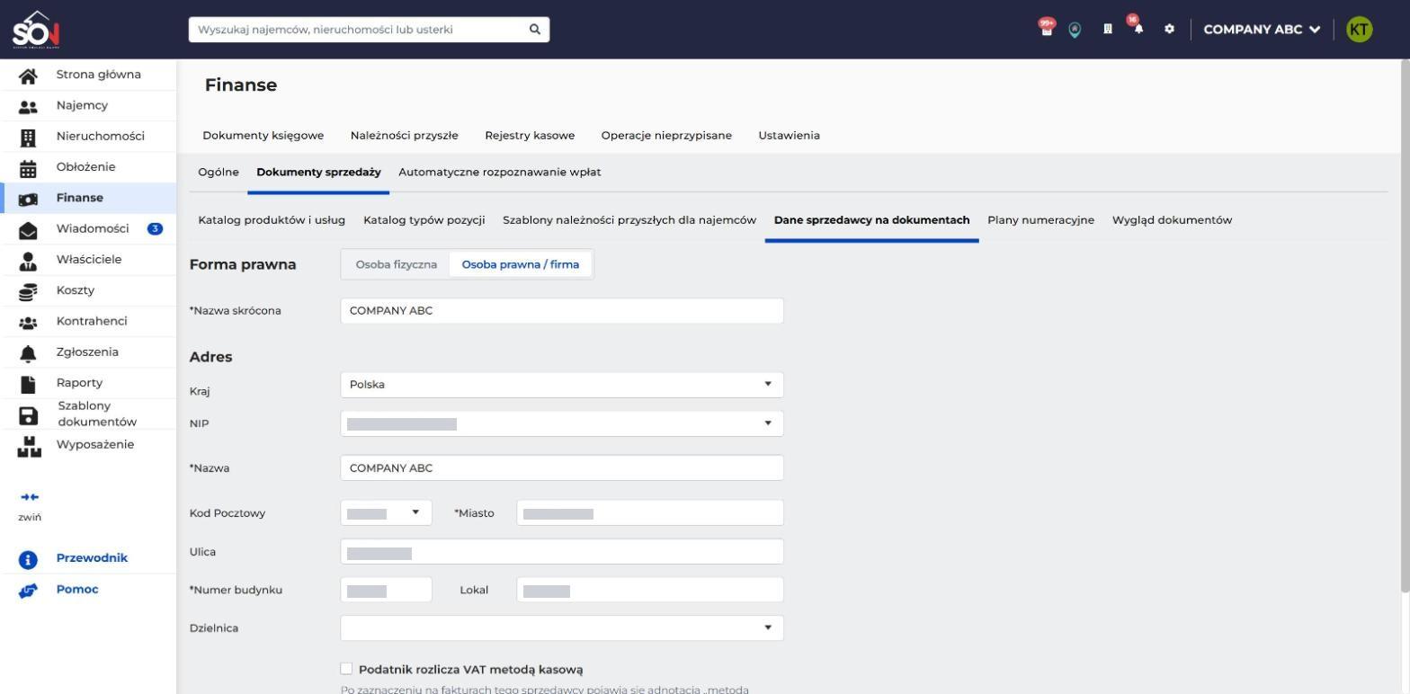 Formularz Dane sprzedawcy na dokumentach z polami Nazwa skrócona, NIP, Nazwa i adres oddziału
