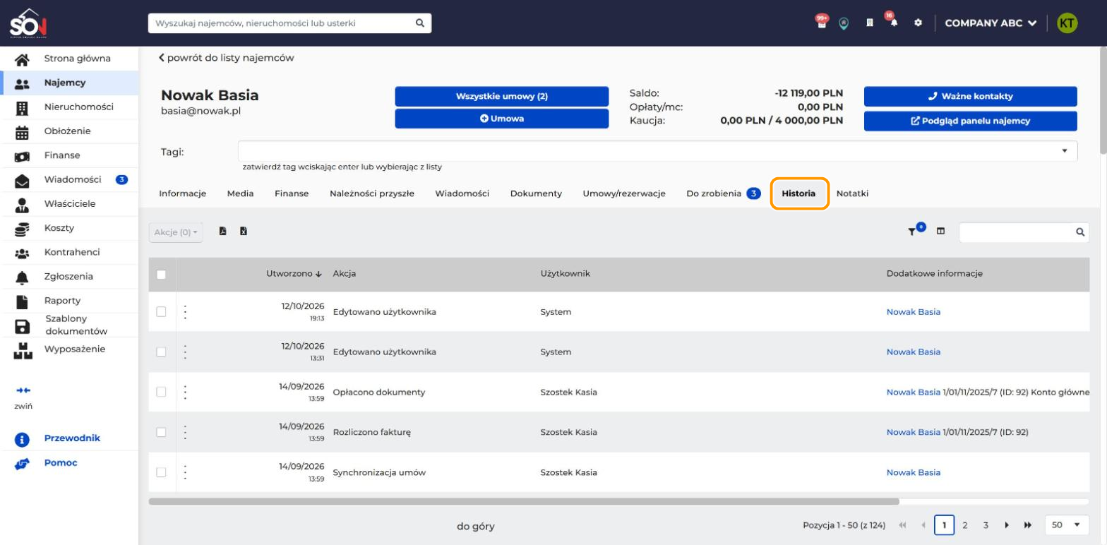 Karta najemcy z otwartą zakładką Historia i tabelą wpisów o kolumnach Utworzono, Akcja, Użytkownik i Dodatkowe informacje