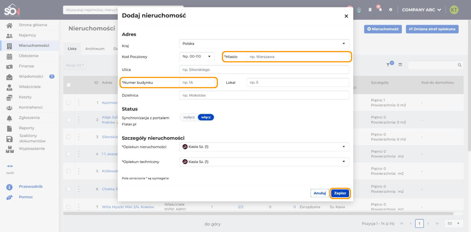 Formularz Dodaj nieruchomość z pustymi polami. W pomarańczowych ramkach są pola Miasto i Numer budynku oraz przycisk Zapisz