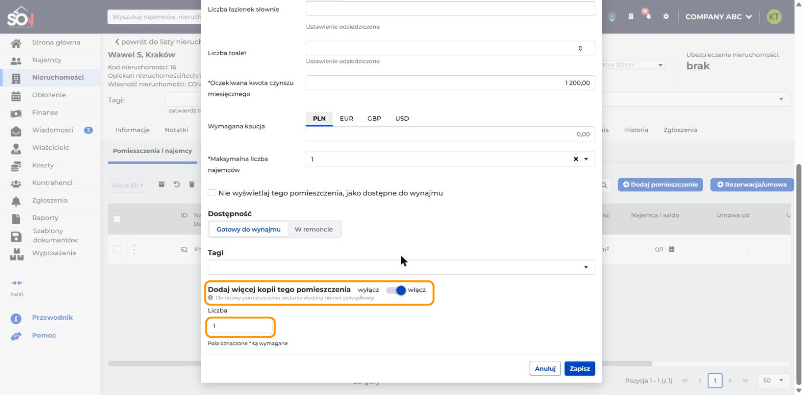 Dolna część formularza Dodaj pomieszczenie. W pomarańczowych ramkach są włączony przełącznik Dodaj więcej kopii tego pomieszczenia i pole Liczba