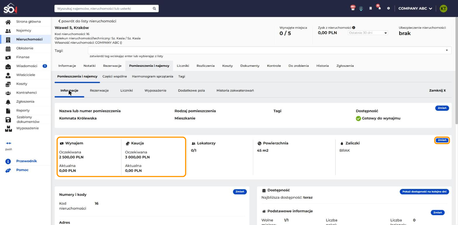 Zakładka Informacje karty pomieszczenia Komnata Królewska. W pomarańczowych ramkach są bloki Wynajem i Kaucja oraz przycisk Zmień
