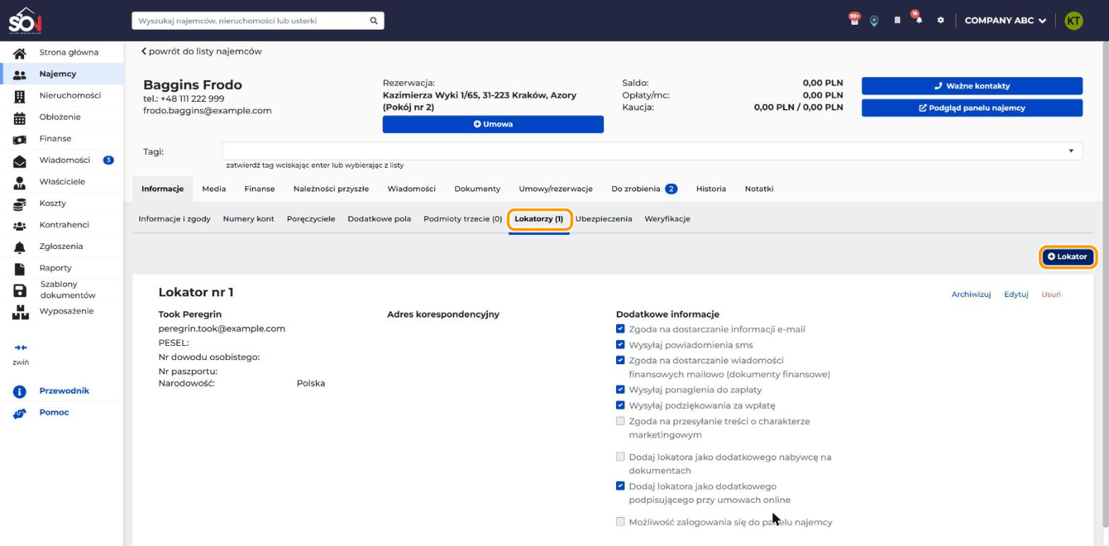 Karta najemcy Baggins Frodo, zakładka Informacje. W pomarańczowych ramkach są przycisk Lokator i podzakładka Lokatorzy z licznikiem
