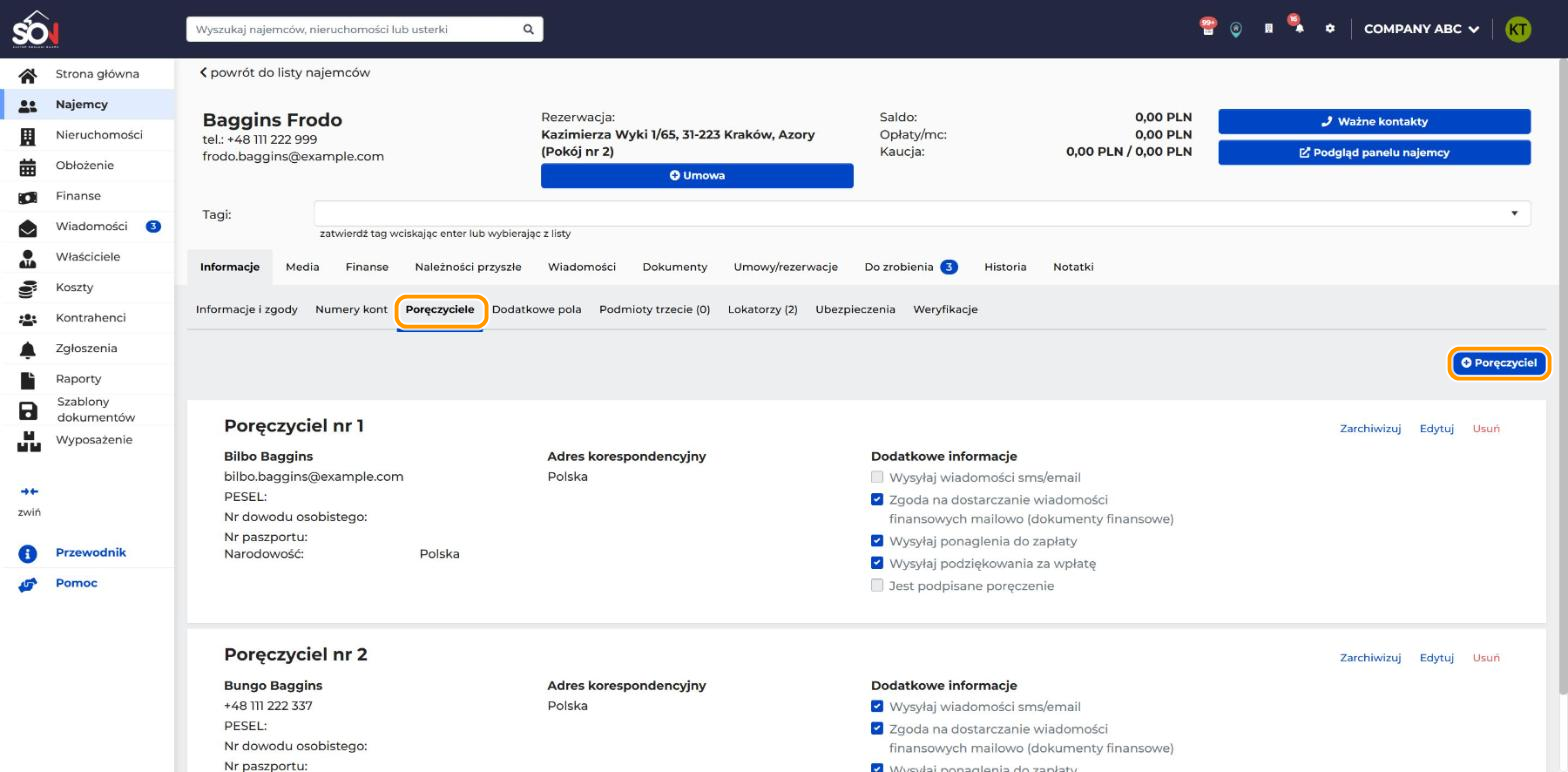 Karta najemcy Baggins Frodo, zakładka Informacje. W pomarańczowych ramkach są podzakładka Poręczyciele i przycisk Poręczyciel