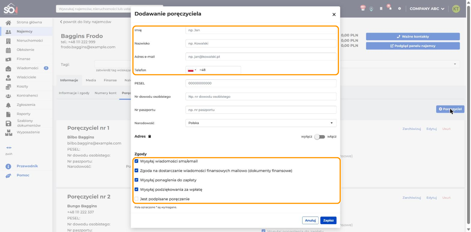 Formularz Dodawanie poręczyciela. W pomarańczowych ramkach są pola Imię, Nazwisko, Adres e-mail i Telefon oraz sekcja Zgody