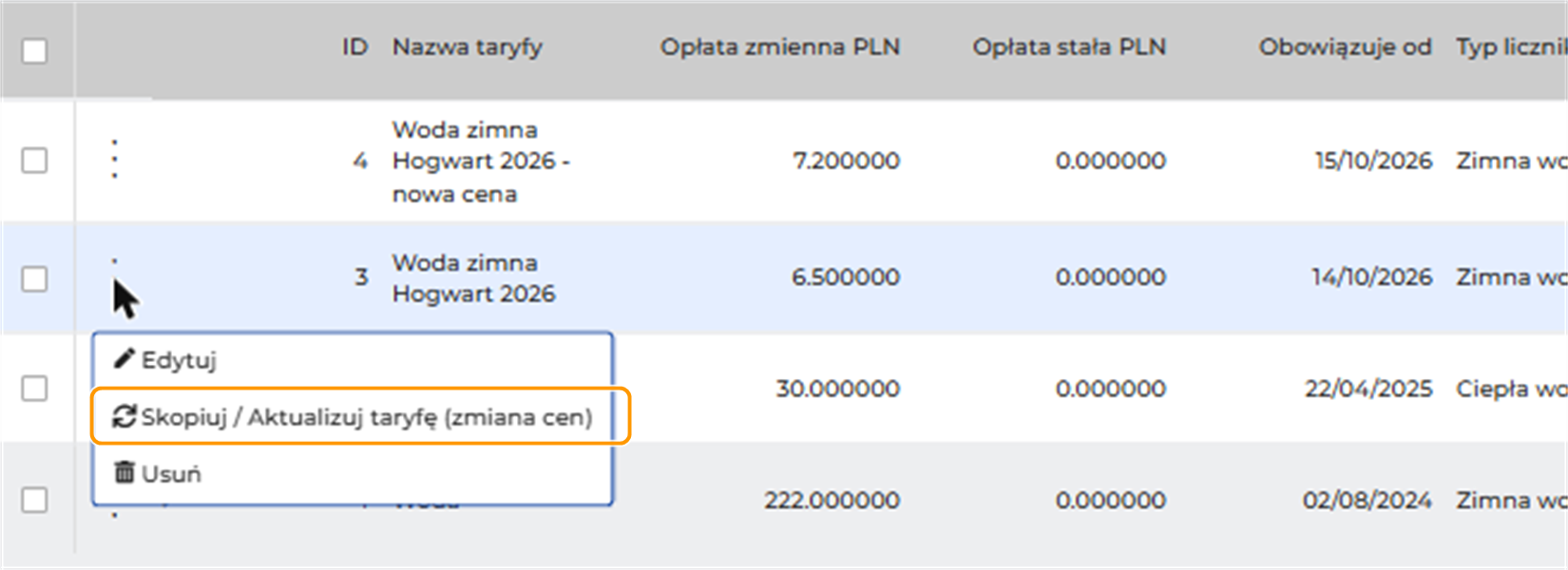 Lista taryf z otwartym menu taryfy Woda zimna Hogwart 2026. Menu ma opcje Edytuj, Skopiuj / Aktualizuj taryfę (zmiana cen) i Usuń. W pomarańczowej ramce jest opcja Skopiuj / Aktualizuj taryfę (zmiana cen).