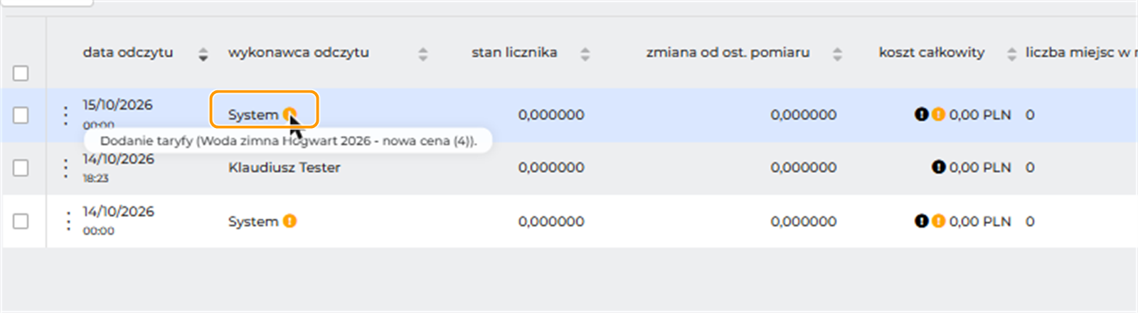 Lista odczytów licznika HG-WODA-001. Pierwszy wiersz z datą 15/10/2026 ma wykonawcę System z ikoną. Podpowiedź przy ikonie brzmi: Dodanie taryfy (Woda zimna Hogwart 2026 - nowa cena (4)). W pomarańczowej ramce jest wykonawca System z ikoną.
