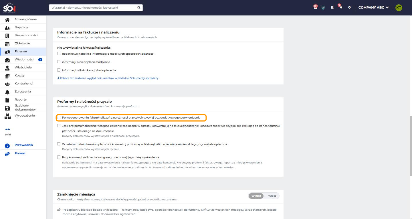 Sekcja Proformy i należności przyszłe w ustawieniach finansów z polem Po wygenerowaniu faktur lub naliczeń z należności przyszłych wysyłaj bez dodatkowego potwierdzenia