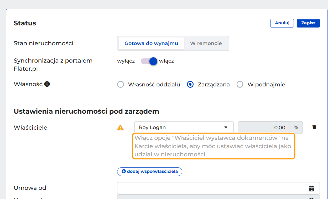 Sekcja Status karty nieruchomości w trybie edycji z wybraną opcją Zarządzana i ostrzeżeniem przy właścicielu, że trzeba włączyć opcję Właściciel wystawcą dokumentów na karcie właściciela