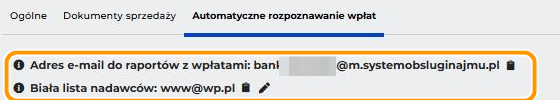 Zakładka Automatyczne rozpoznawanie wpłat z adresem e-mail do raportów z wpłatami i białą listą nadawców