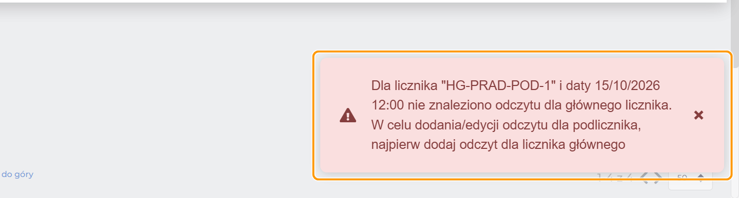 Czerwony komunikat SON: Dla licznika HG-PRAD-POD-1 i daty 15/10/2026 12:00 nie znaleziono odczytu dla głównego licznika. W celu dodania lub edycji odczytu dla podlicznika, najpierw dodaj odczyt dla licznika głównego. Komunikat jest w pomarańczowej ramce.