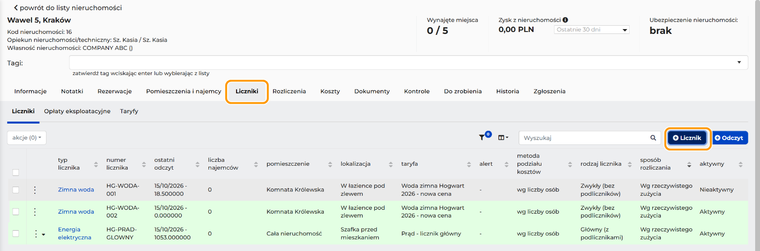 Karta nieruchomości Wawel 5, Kraków z otwartą zakładką Liczniki. Lista pokazuje liczniki tej nieruchomości, na przykład HG-WODA-001 i HG-WODA-002. Zakładka Liczniki i przycisk Licznik są w pomarańczowych ramkach.