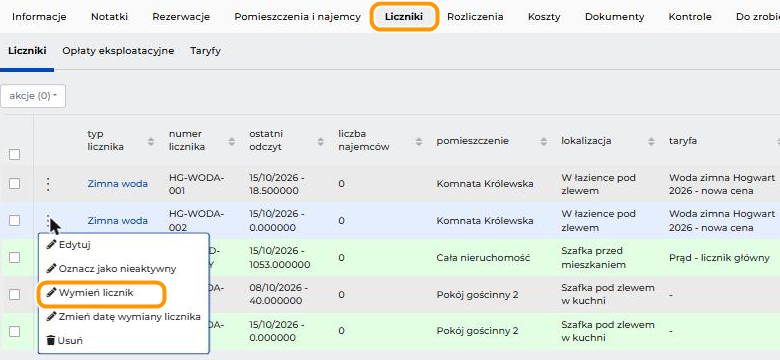 Karta nieruchomości Wawel 5 z otwartą zakładką Liczniki i menu licznika HG-WODA-002. Menu ma opcje Edytuj, Oznacz jako nieaktywny, Wymień licznik, Zmień datę wymiany licznika i Usuń. W pomarańczowych ramkach są zakładka Liczniki i opcja Wymień licznik.