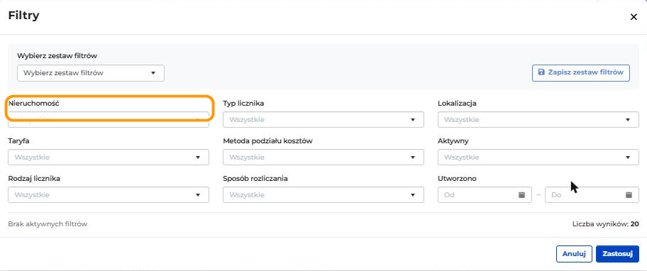 Okno Filtry na liście liczników w menu Media. Pole Nieruchomość jest w pomarańczowej ramce.