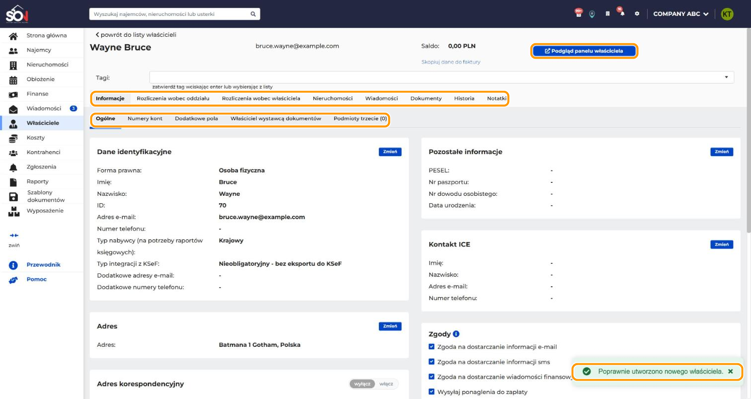Karta właściciela po zapisie. W pomarańczowych ramkach są zakładki karty, podzakładki zakładki Informacje, przycisk Podgląd panelu właściciela i komunikat o utworzeniu właściciela