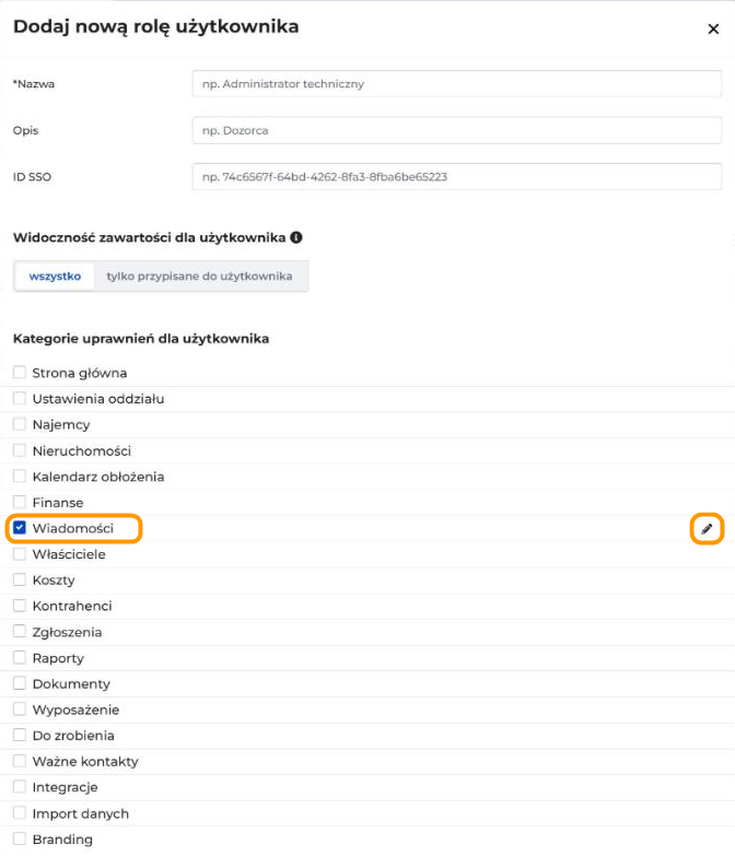 Formularz Dodaj nową rolę użytkownika z polami Nazwa, Opis i ID SSO, wyborem widoczności zawartości i listą kategorii uprawnień. Pomarańczowe ramki wskazują zaznaczoną kategorię Wiadomości i ikonę ołówka obok niej