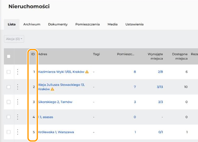 Lista nieruchomości w SON z adresami fikcyjnymi, np. Kazimierza Wyki 1/65, Kraków i Królewska 1, Warszawa. Kolumna ID z numerami od 1 do 5 jest w pomarańczowej ramce.