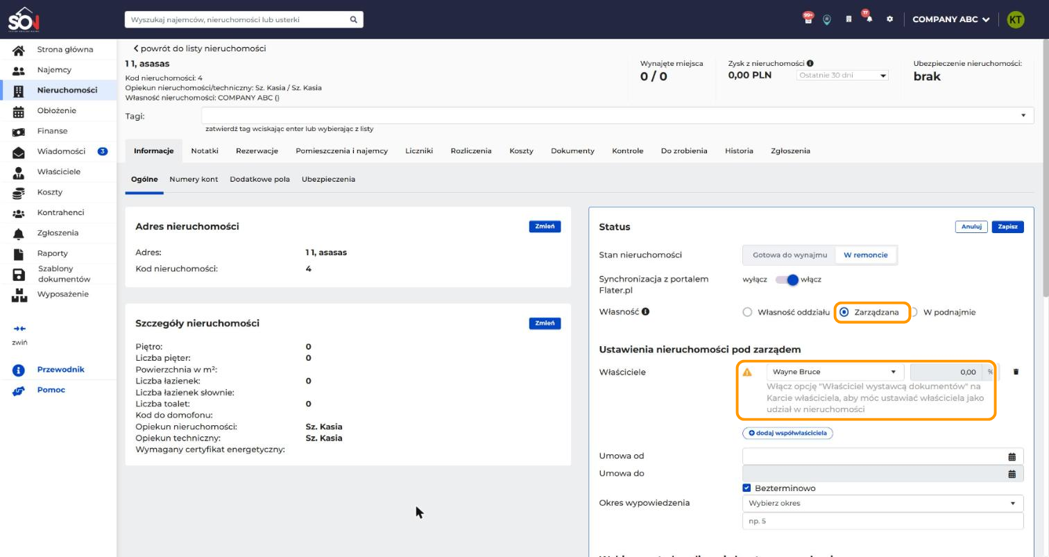 Formularz statusu nieruchomości z wybraną opcją Zarządzana. W pomarańczowych ramkach są opcja Zarządzana i właściciel z ostrzeżeniem o włączeniu opcji Właściciel wystawcą dokumentów