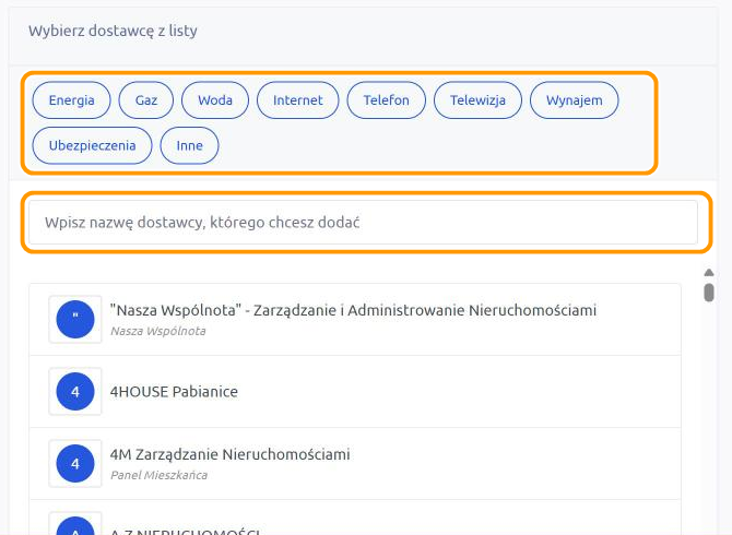 Ekran Wybierz dostawcę z listy w Posłańcu: przyciski typów dostawców, np. Energia, Gaz i Woda, oraz pole wyszukiwania dostawcy, oba w pomarańczowych ramkach. Pod nimi lista dostawców.