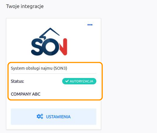Zakładka Integracje w Posłańcu: kafelek System obsługi najmu (SON3) ze statusem Autoryzacja i nazwą oddziału COMPANY ABC w pomarańczowej ramce.