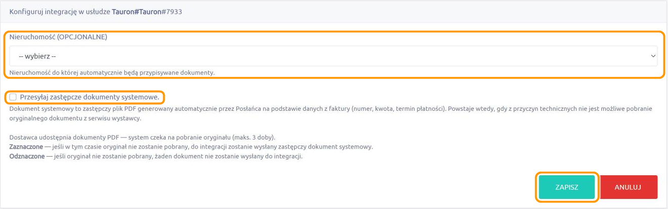 Formularz Konfiguruj integrację w usłudze Tauron: lista Nieruchomość (OPCJONALNE), opcja Przesyłaj zastępcze dokumenty systemowe z opisem i przycisk Zapisz, wszystkie w pomarańczowych ramkach.