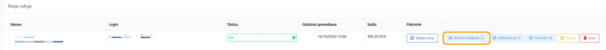 Lista Twoje usługi w Posłańcu z rozmytymi nazwami i loginami kont e-BOK, statusem OK, datą ostatniego sprawdzenia i saldem. Przycisk Punkty poboru (1) jest w pomarańczowej ramce.