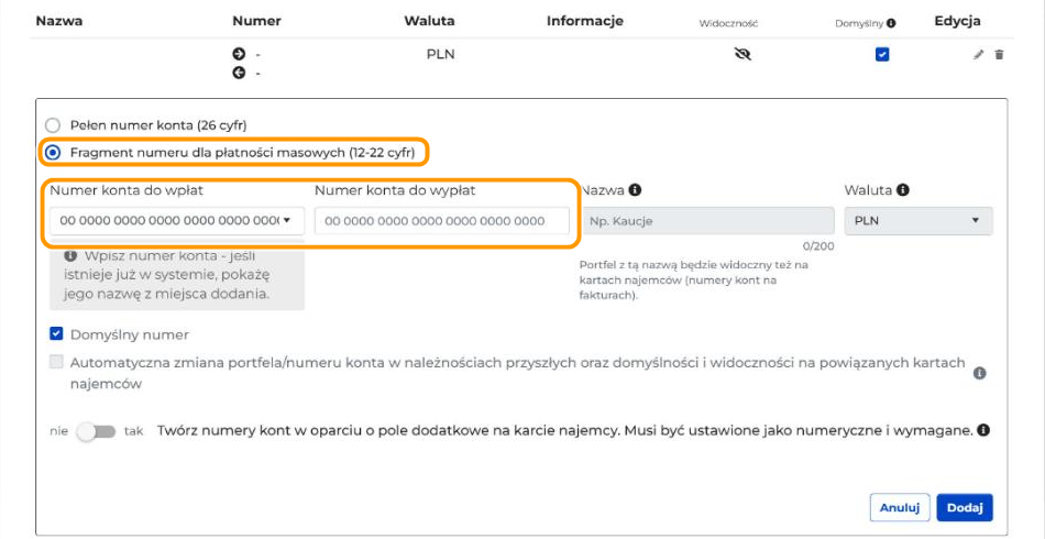 Formularz dodawania numeru konta na karcie właściciela. Zaznaczona jest opcja Fragment numeru dla płatności masowych. W pomarańczowych ramkach są ta opcja oraz pola Numer konta do wpłat i Numer konta do wypłat