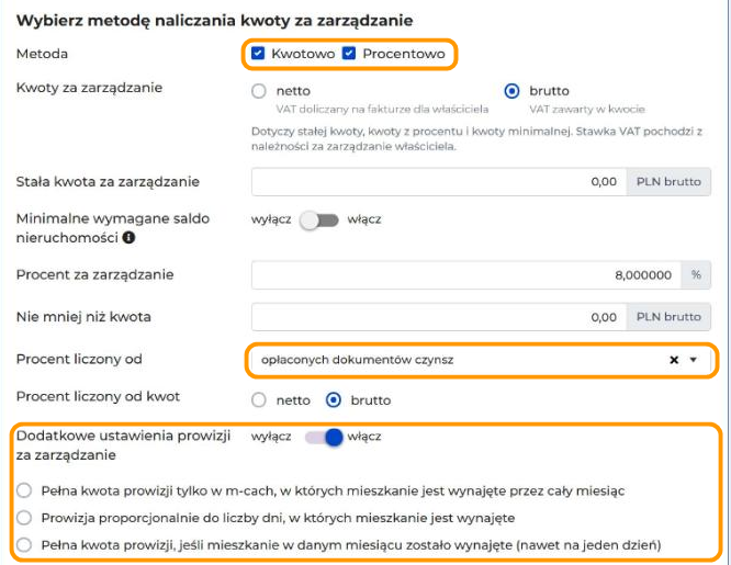 Sekcja Wybierz metodę naliczania kwoty za zarządzanie w formularzu Status. Zaznaczone są metody Kwotowo i Procentowo, procent wynosi 8, a procent jest liczony od opłaconych dokumentów czynsz. Pomarańczowe ramki wskazują pole Metoda, listę Procent liczony od i dodatkowe ustawienia prowizji