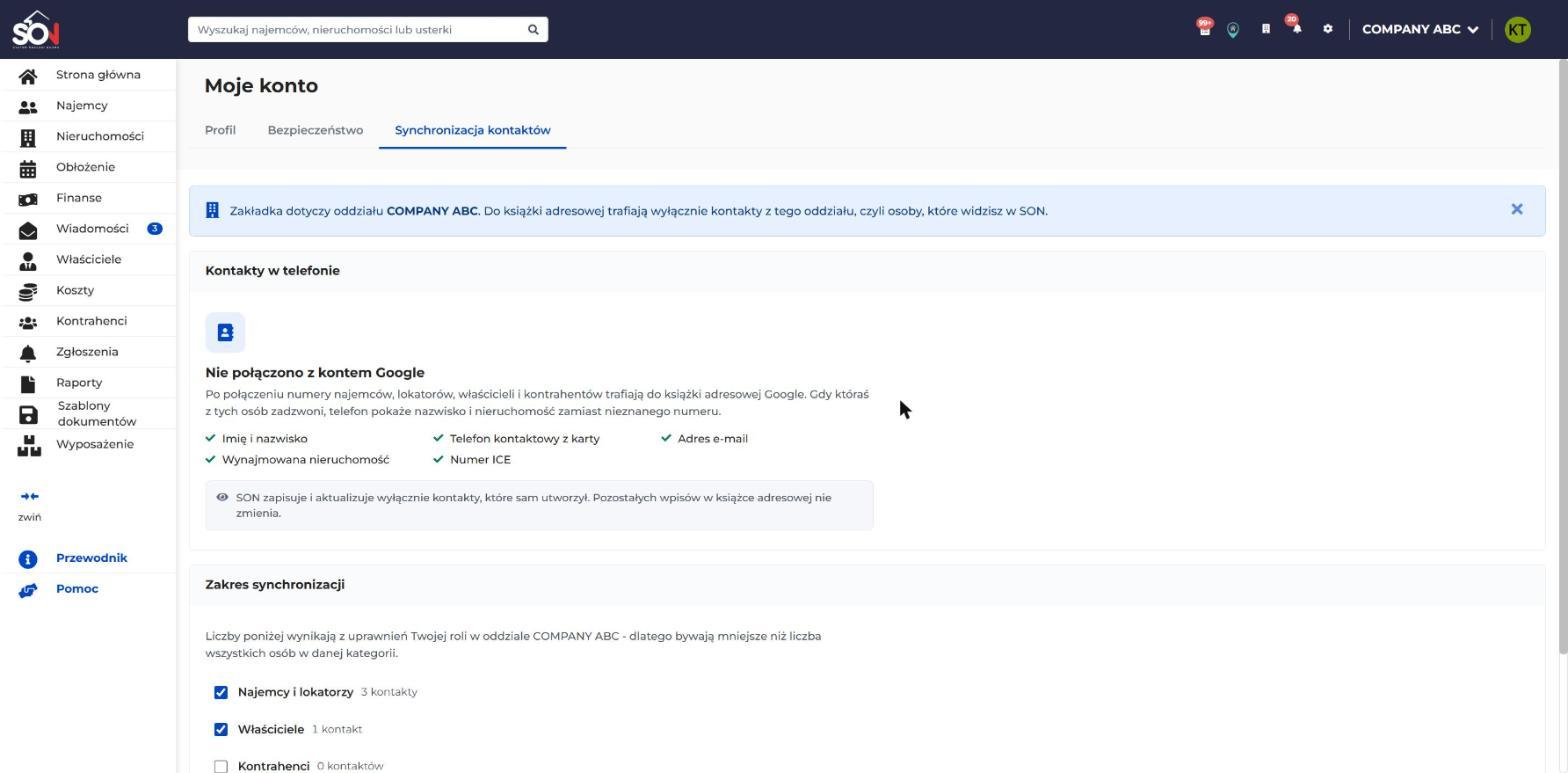 Zakładka Synchronizacja kontaktów na stronie Moje konto. Widać komunikat Nie połączono z kontem Google, listę danych kontaktu oraz sekcję Zakres synchronizacji z polami wyboru Najemcy i lokatorzy, Właściciele i Kontrahenci