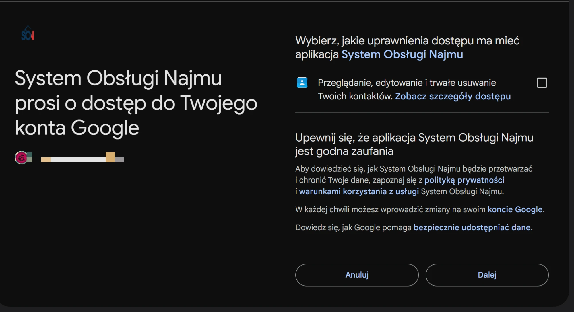 Ekran Google z prośbą aplikacji System Obsługi Najmu o dostęp do konta Google. Jedyne uprawnienie to Przeglądanie, edytowanie i trwałe usuwanie Twoich kontaktów, z odznaczonym polem wyboru, oraz przyciski Anuluj i Dalej