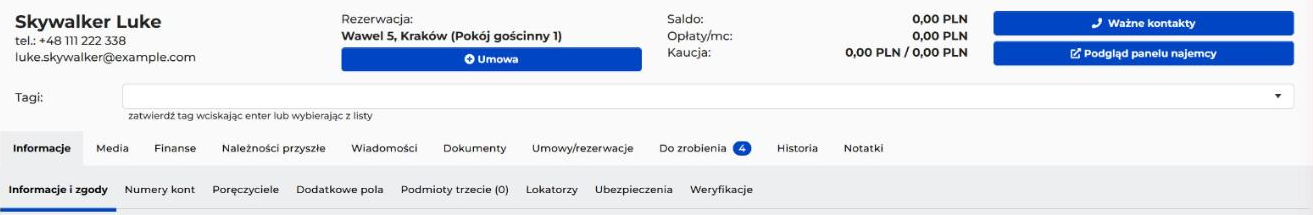 Nagłówek karty najemcy Skywalker Luke. Widać napis Rezerwacja: Wawel 5, Kraków (Pokój gościnny 1), przycisk Umowa, saldo oraz zakładki karty